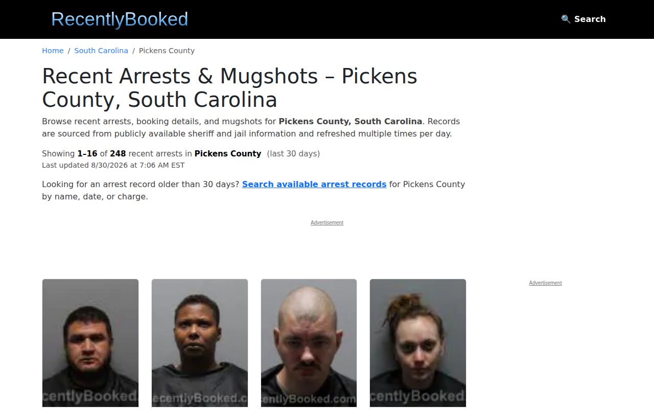 Pickens County booking record source marked unofficial