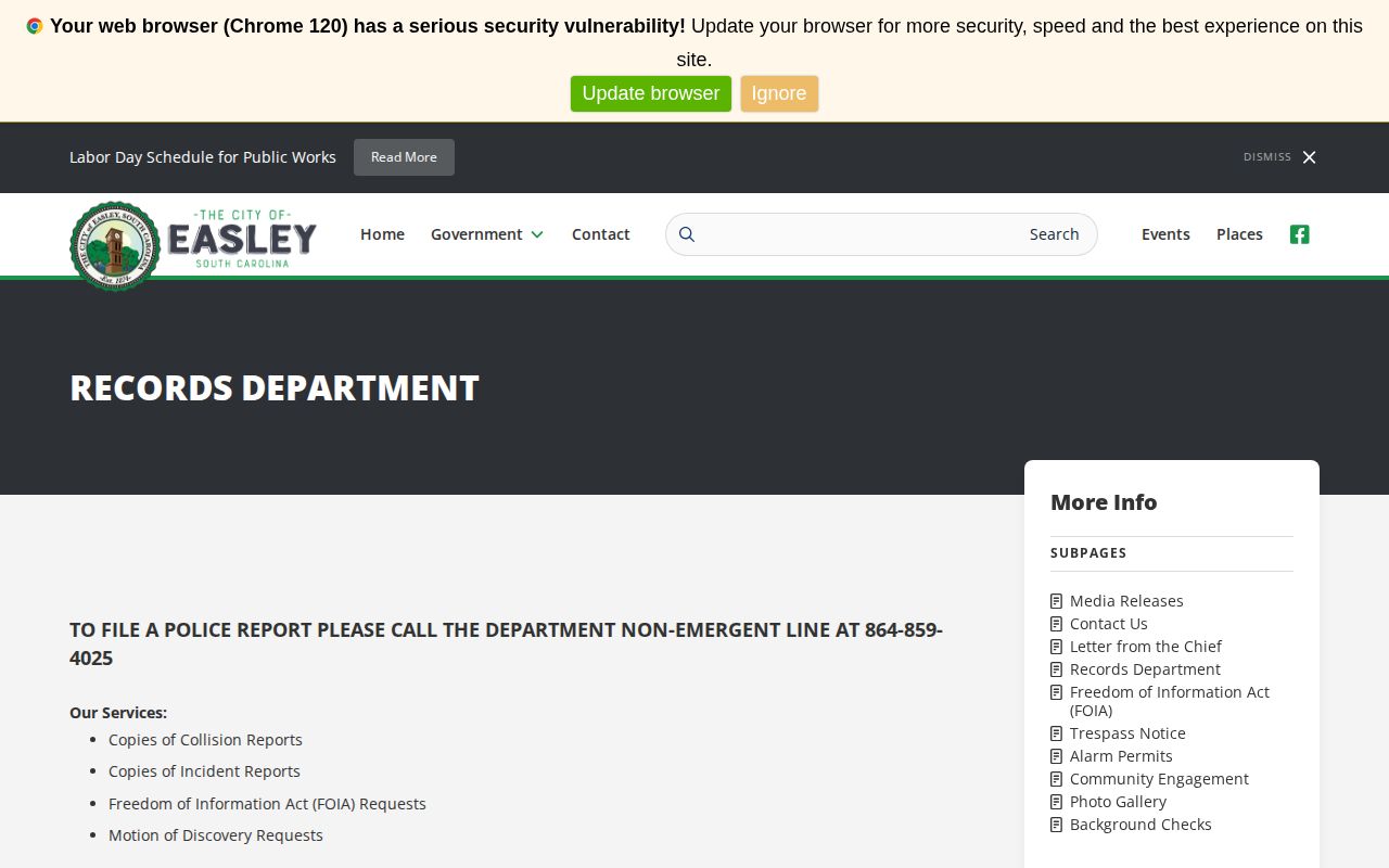 Easley Police Department records page for Pickens County booking-record requests
