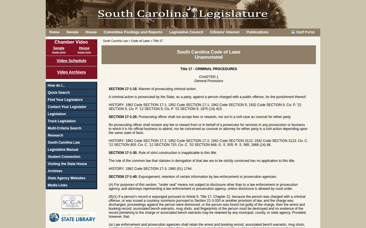 South Carolina code page for arrest-record and mugshot statutes