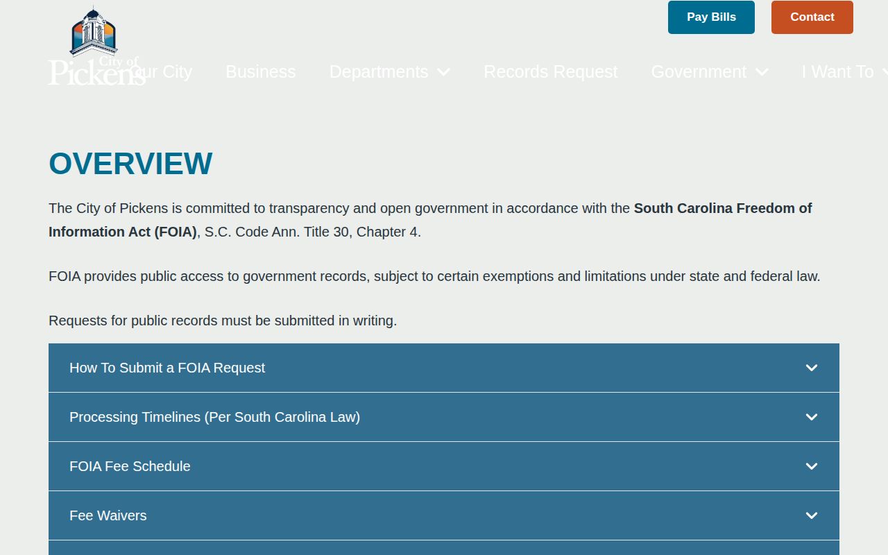 City of Pickens FOIA form for Police arrest-record requests in Pickens County