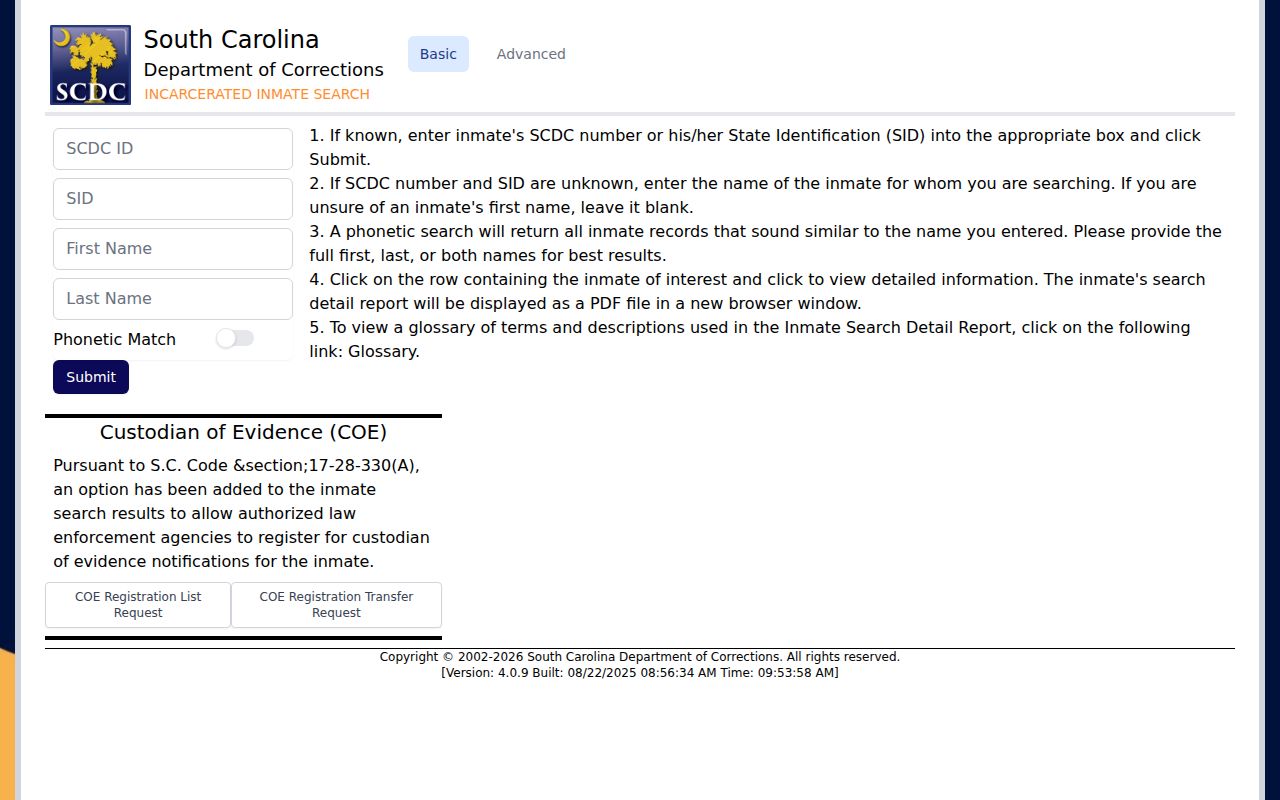 South Carolina Department of Corrections incarcerated inmate search interface